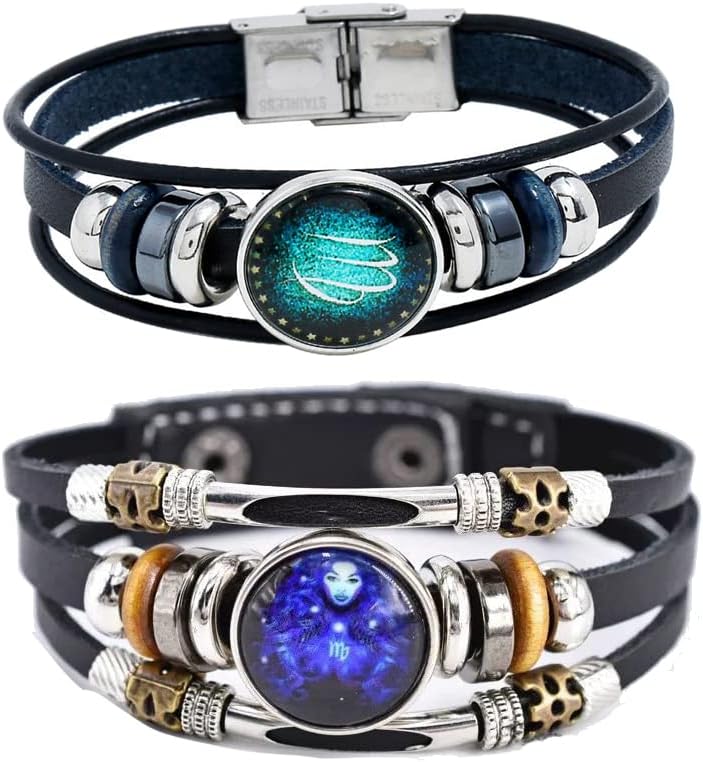 Hewill Store 2Pcs Multilayer Constellation Zodiac Leather Bracelet Handmade Woven Zodiac Sign Wrap Bracelet Wristband for Women Men Jewelry Birthday Gift - Image 1